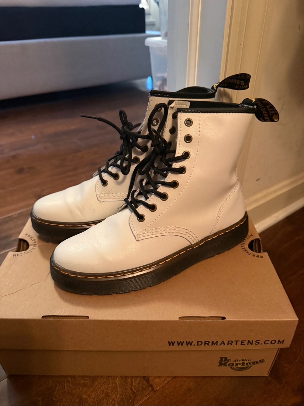 Dr. Martens White Leather Lace-Up Combat Boots with Black Accents